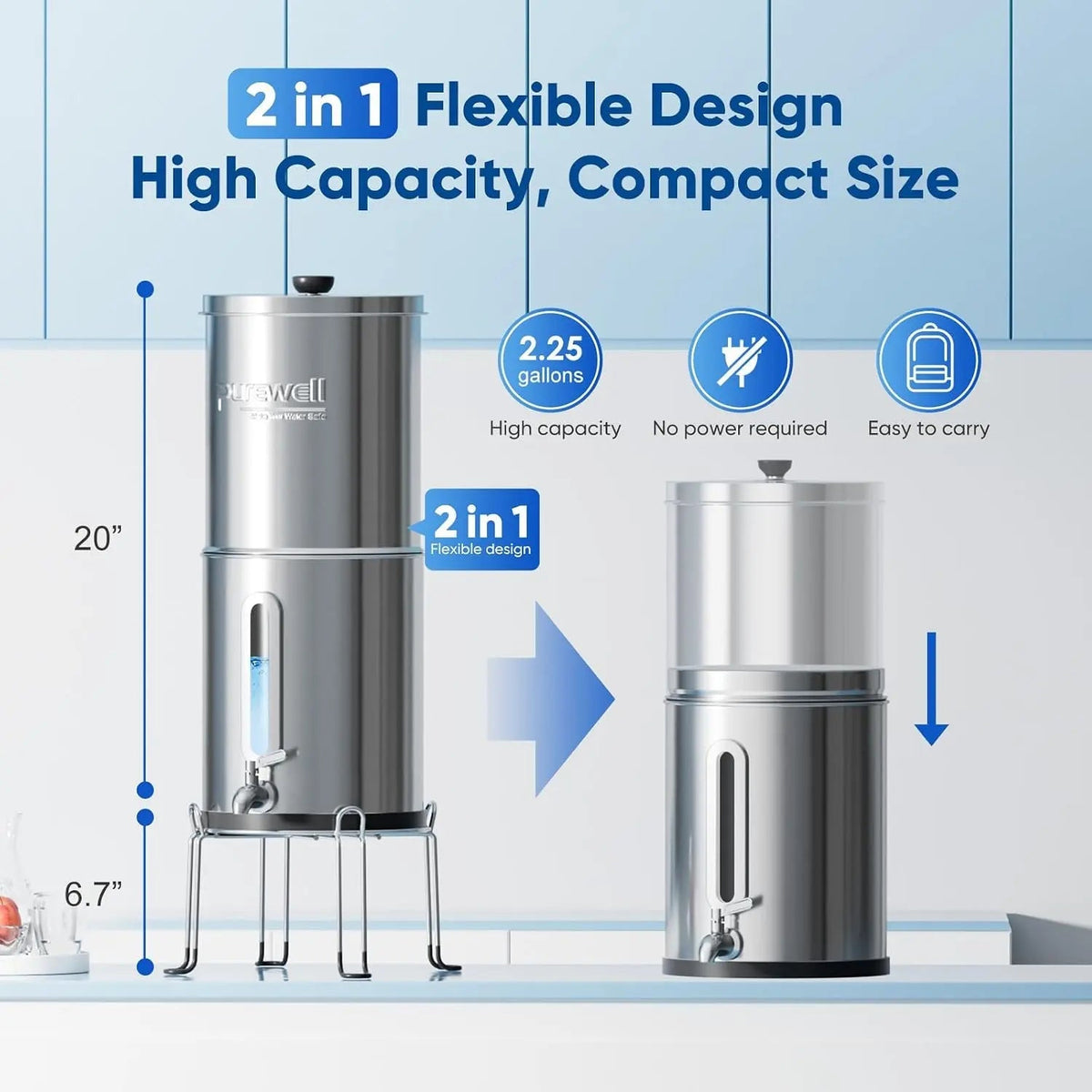 K Series Countertop Gravity Water Filter System 2.25 Gallon Purewell