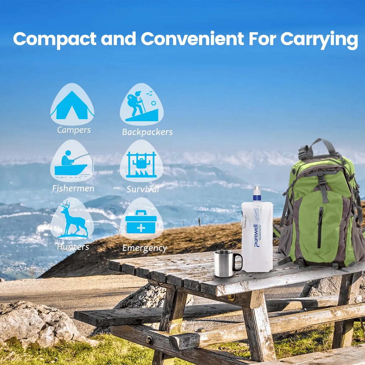 Purewell® - Outdoor Collapsible Water Filter Bag 480ml, Lightweight, BPA Free, for Emergency, Preparedness, Emergency Purewell