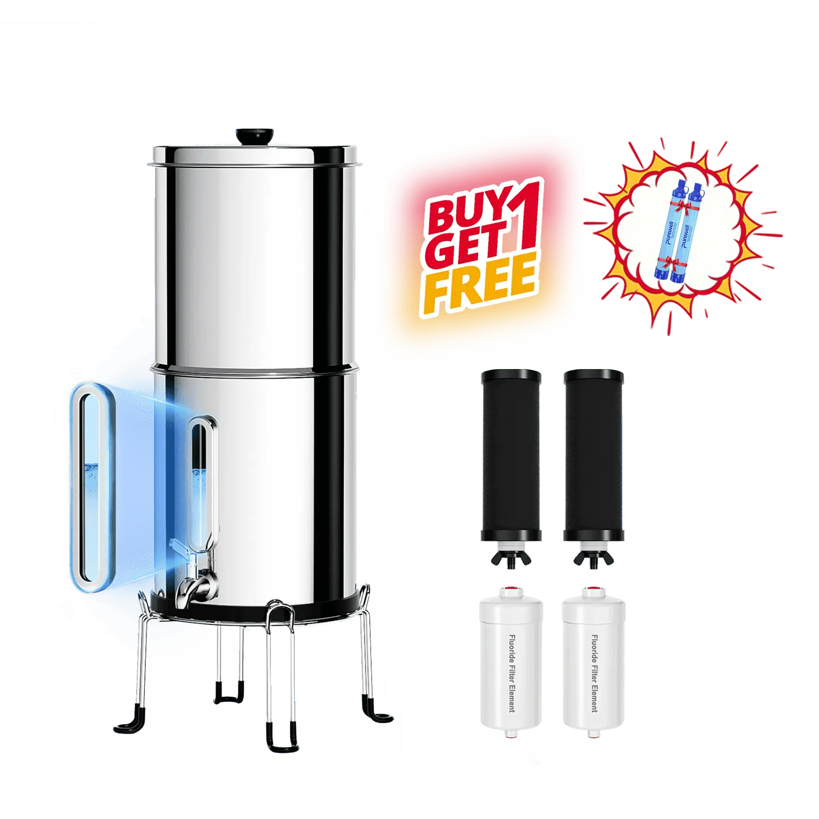 Purewell® – K Series - 2.25 Gallons 304 Stainless Steel Gravity-fed Water Filter System, NSF Certified Purewell