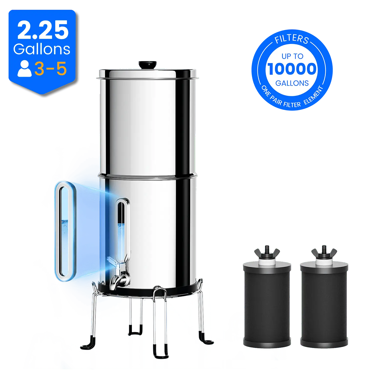 Purewell® – K Series - Multicolor 2.25 Gallons 304 Stainless Steel Gravity-fed Water Filter System with Water Level Window, NSF Certified Purewell