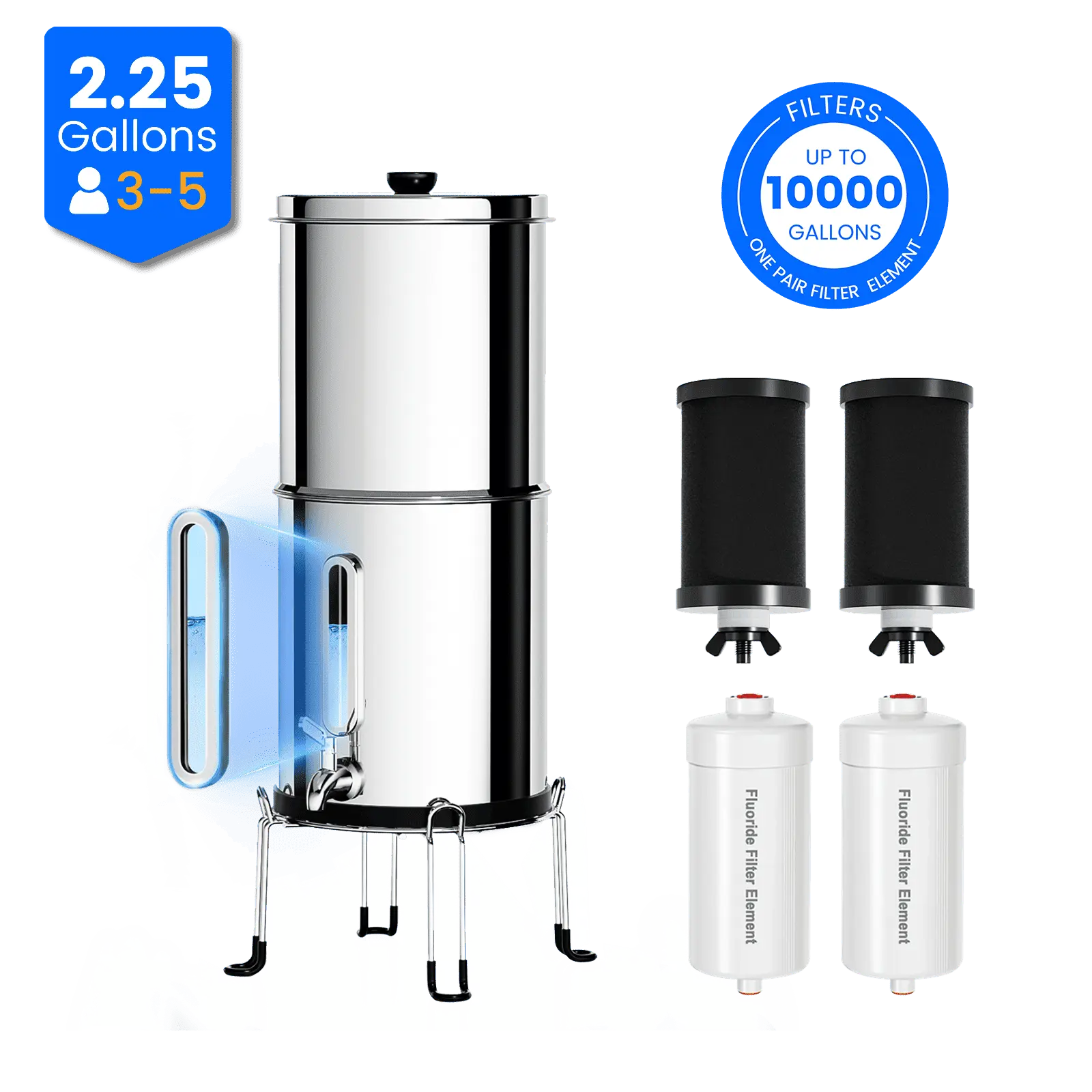 Purewell® – K Series - Multicolor 2.25 Gallons 304 Stainless Steel Gravity-fed Water Filter System with Water Level Window, NSF Certified Purewell