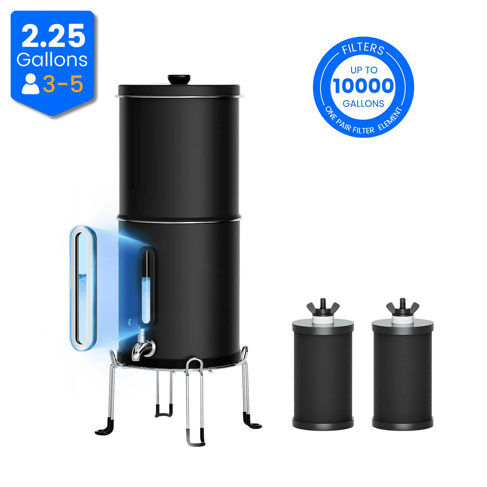 Purewell® – K Series - Multicolor 2.25 Gallons 304 Stainless Steel Gravity-fed Water Filter System with Water Level Window, NSF Certified Purewell