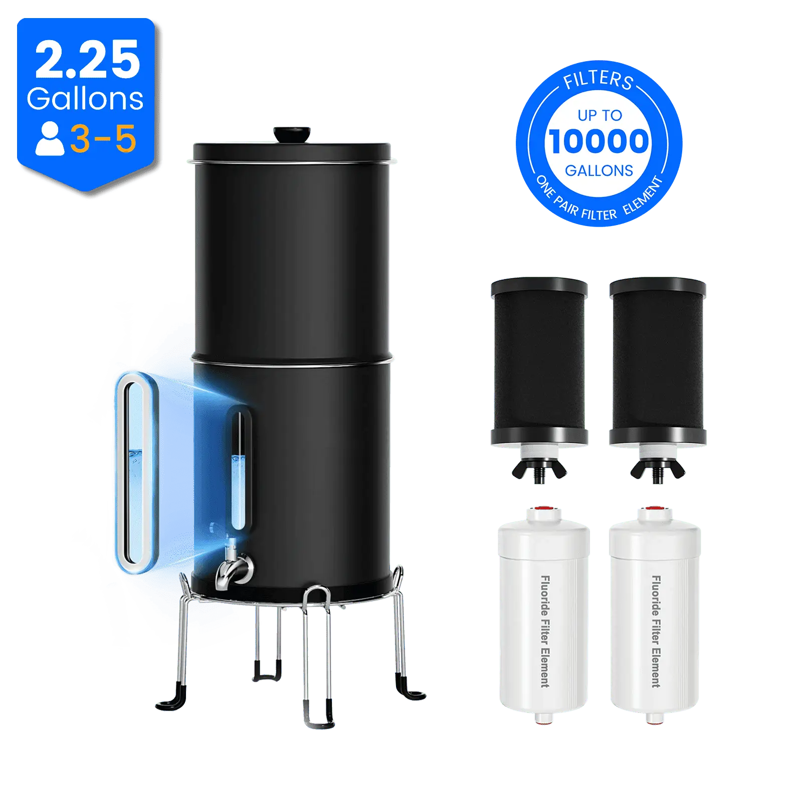 Purewell® – K Series - Multicolor 2.25 Gallons 304 Stainless Steel Gravity-fed Water Filter System with Water Level Window, NSF Certified Purewell