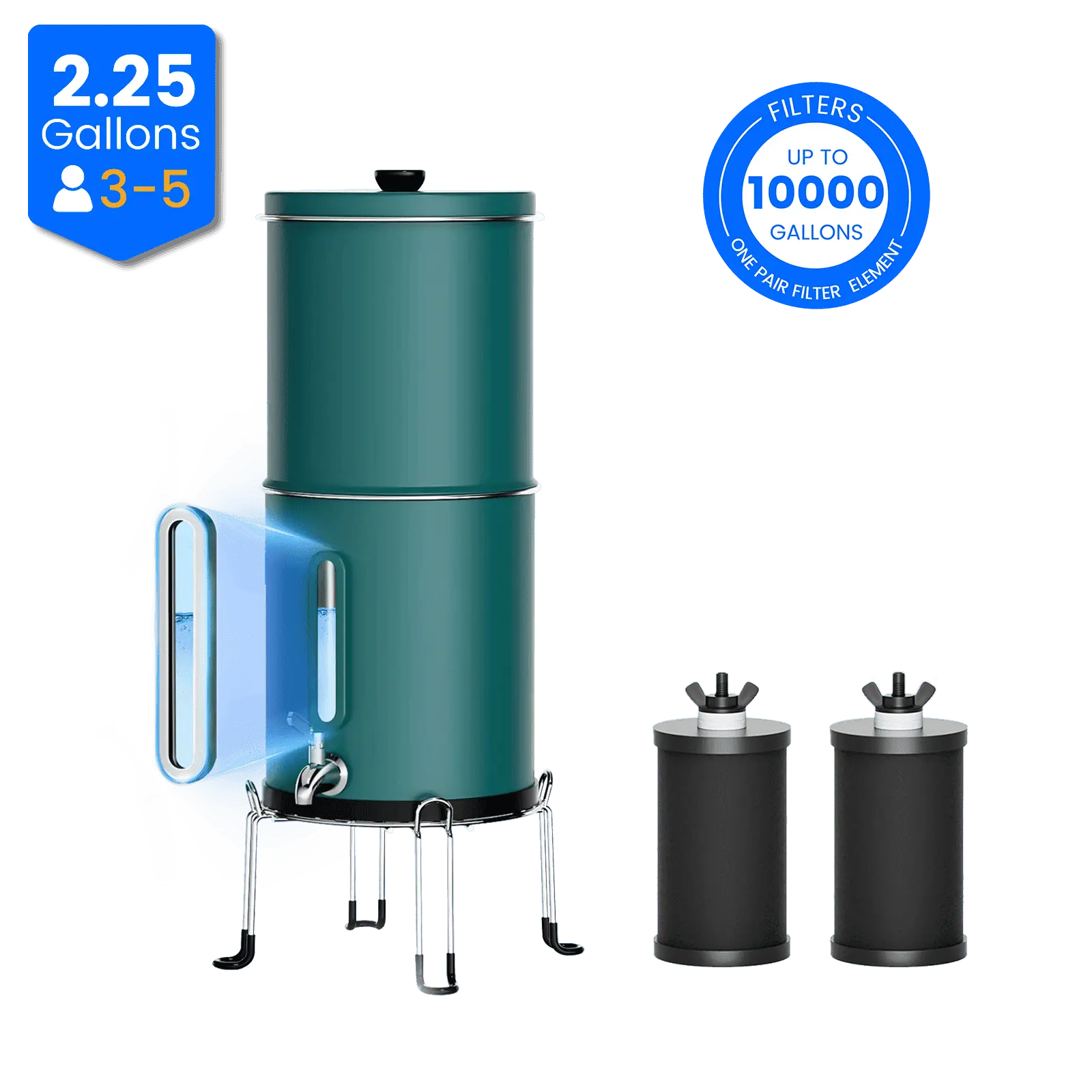 Purewell® – K Series - Multicolor 2.25 Gallons 304 Stainless Steel Gravity-fed Water Filter System with Water Level Window, NSF Certified Purewell