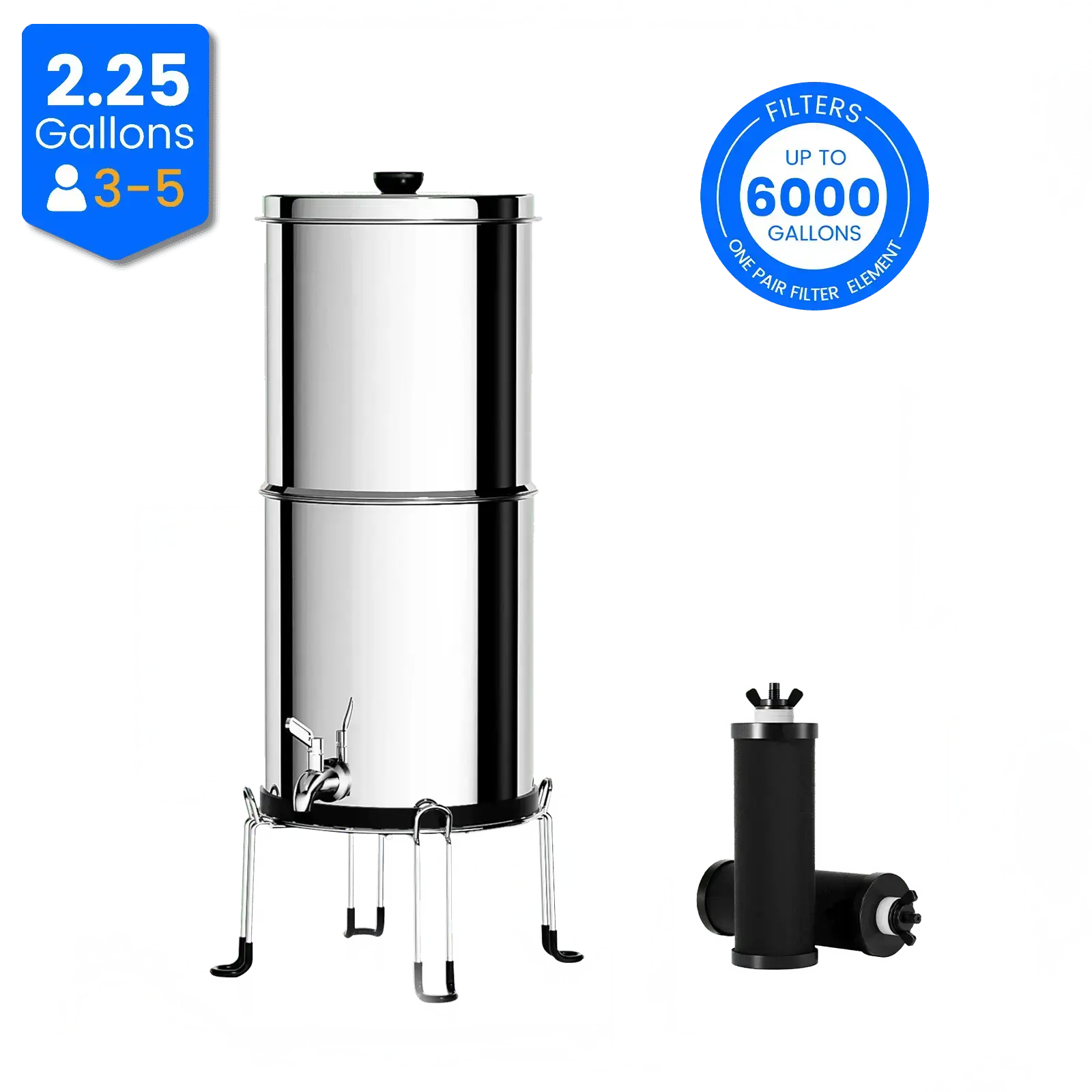 Purewell® – Square Series - 2.25 Gallons 304 Stainless Steel Gravity-fed Water Filter System, NSF Certified Purewell