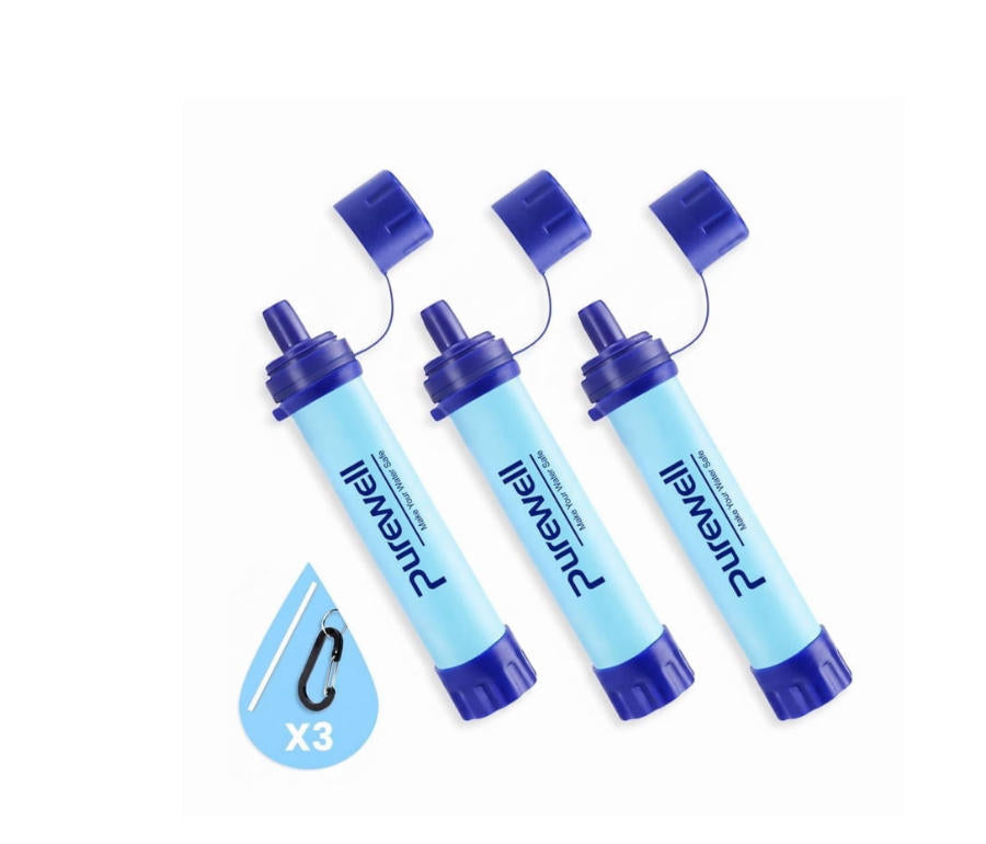 Purewell Personal Portable Water Filtration Straw, Ideal for Survival, Camping, Hiking, and Emergencies, Blue, 3-Pack Purewell