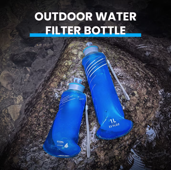 Purewell Collapsible Squeeze Bottle Water Filter System 1000ml for Trail Running, Through Hiking, Travel, Cycling, and Fishing blue Purewell
