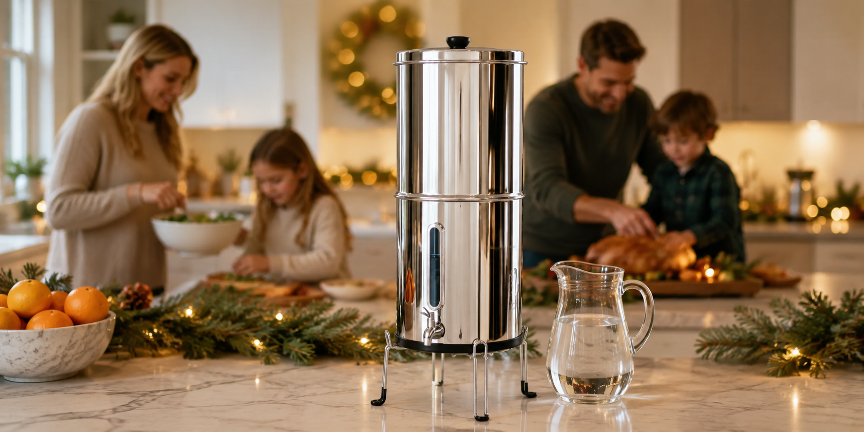Purewell gravity water filter in a warm Christmas kitchen