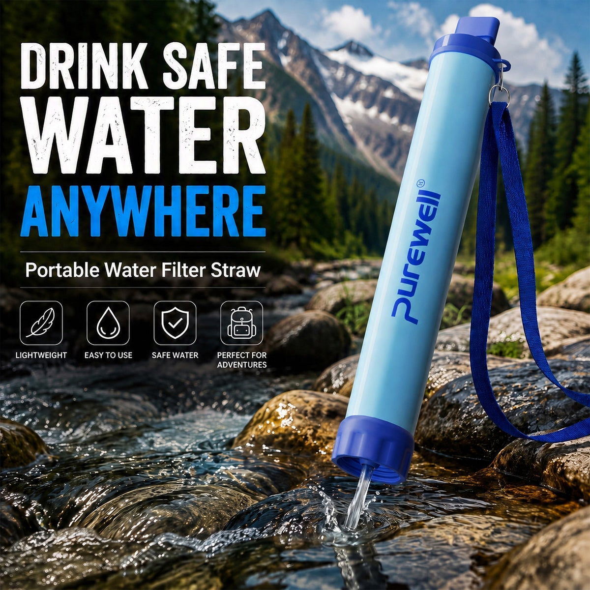 Purewell Outdoor-Wasserfilter – 0,01-μm-Ultrafeinfilter entfernt 99,99 % Bakterien & Schwermetalle | 1500-l-Filterkapazität | tragbarer Trinkwasserfilter mit Halsband für Survival & Outdoor (UK) Purewell