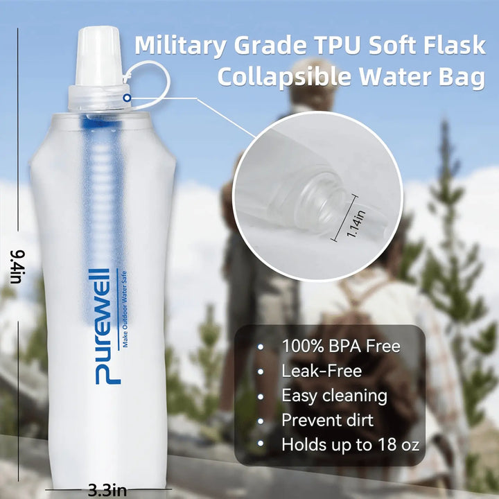 Purewell TPU Soft Flask with Filter BPA Free Water Filter Bag for Sport, Running, Camping and Hiking Purewell