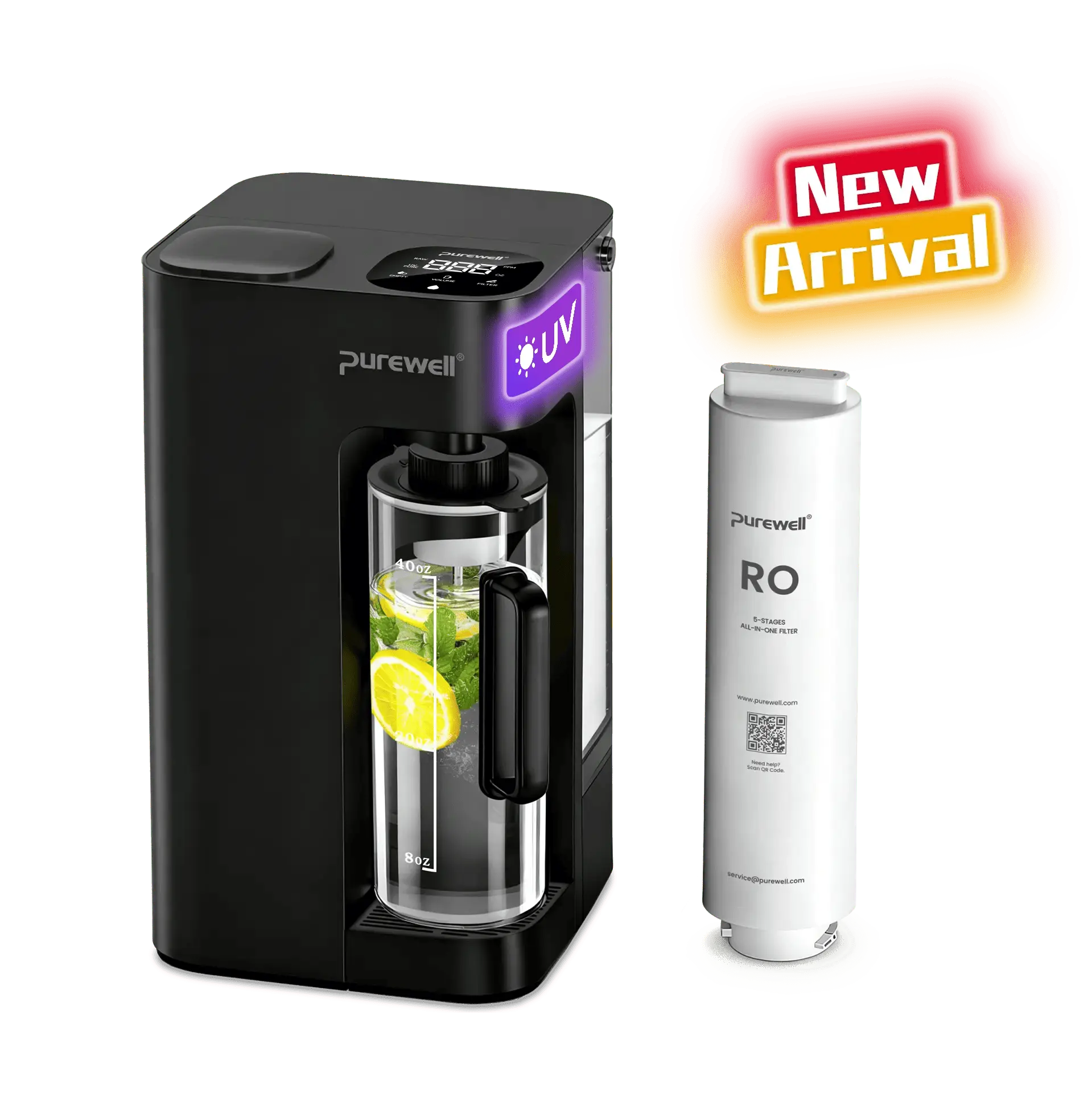 Purewell® C05 Reverse Osmosis Countertop Water Purifier with UV Sterilization RO Water Filtration System with 44oz Portable Water Pitcher, Smart Auto-Filling, NSF Certified, Best Bluevua RO 100ROPOT Alternative Purewell