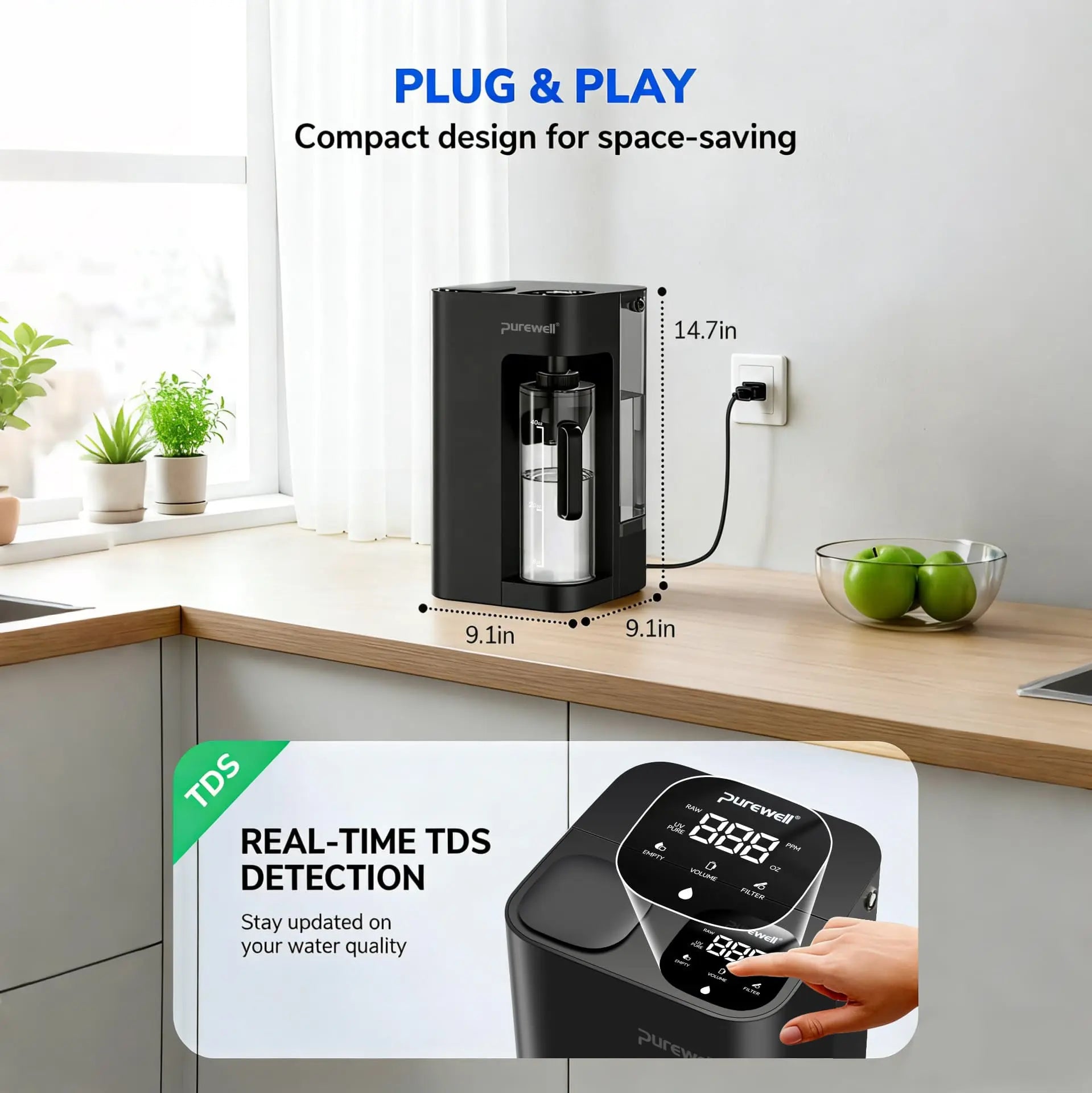 Purewell® Countertop Reverse Osmosis Water Filter, 8-Stage RO Water Filtration System with 44oz Water Pitcher Smart Auto-Filling, NSF Certified Water Purifier - C05 Purewell