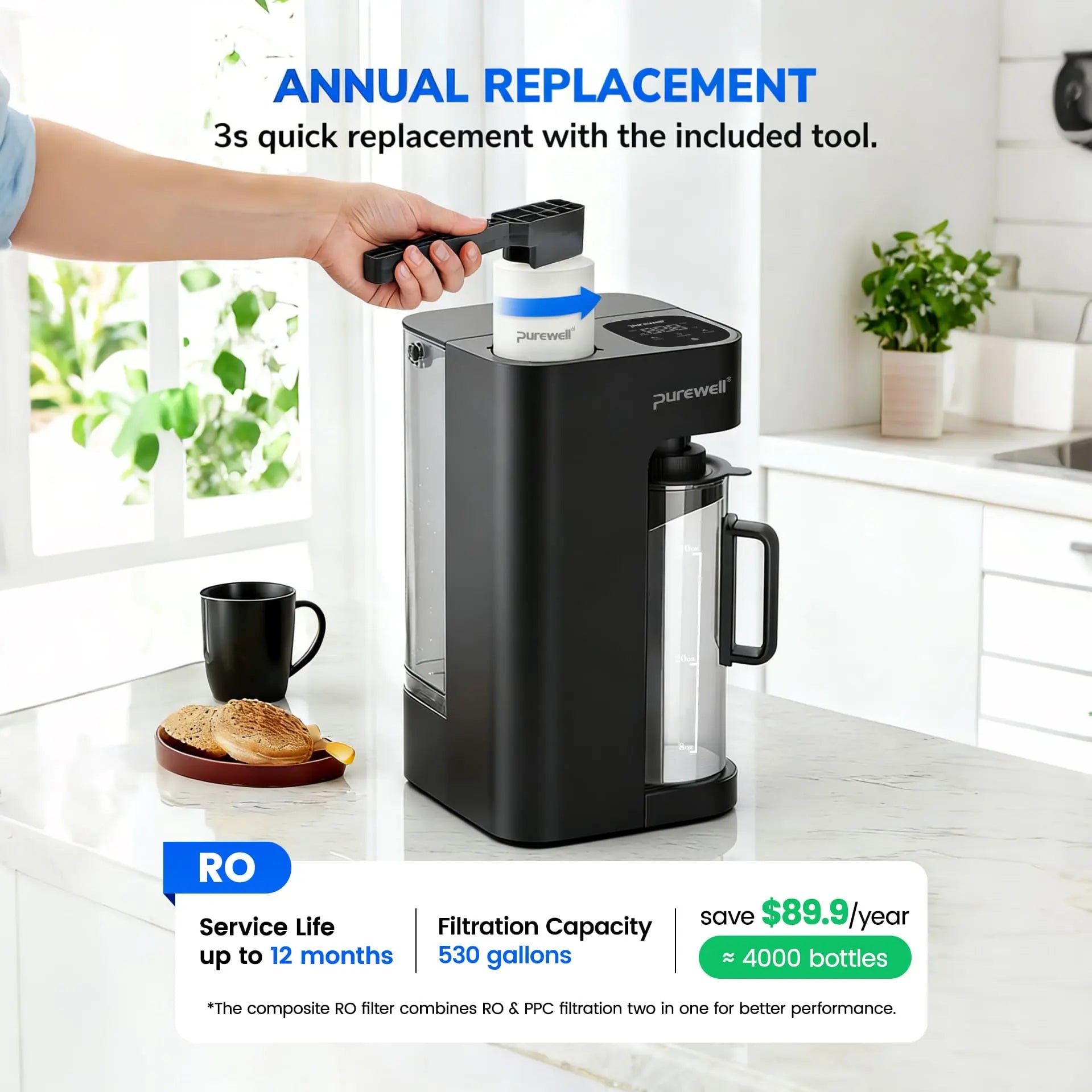 Purewell® Countertop Reverse Osmosis Water Filter, 8-Stage RO Water Filtration System with 44oz Water Pitcher Smart Auto-Filling, NSF Certified Water Purifier - C05 Purewell