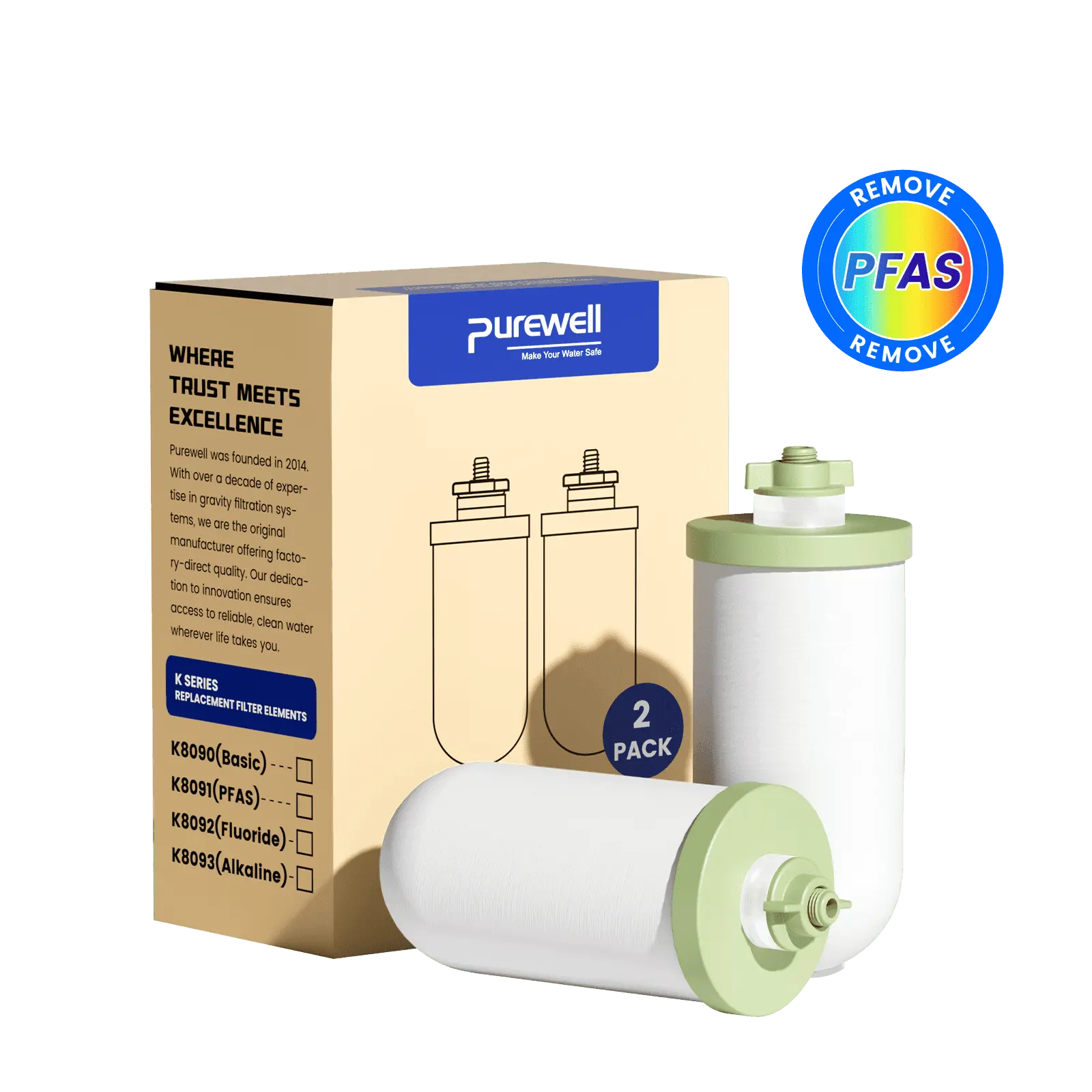 Purewell® - K Series - 4 Stages Ceramic Water Filter Replacement, Remove 99% PFAS, Chlorine, Lead, Compatible with Berkey, ProOne & Doulton Gravity Water Filter System Purewell