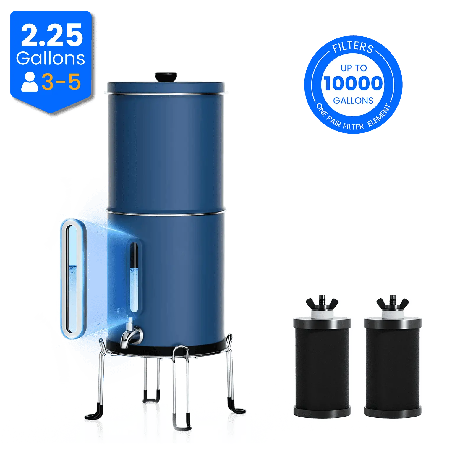 Purewell® – K Series - Multicolor 2.25 Gallons 304 Stainless Steel Gravity-fed Water Filter System with Water Level Window, NSF Certified Purewell