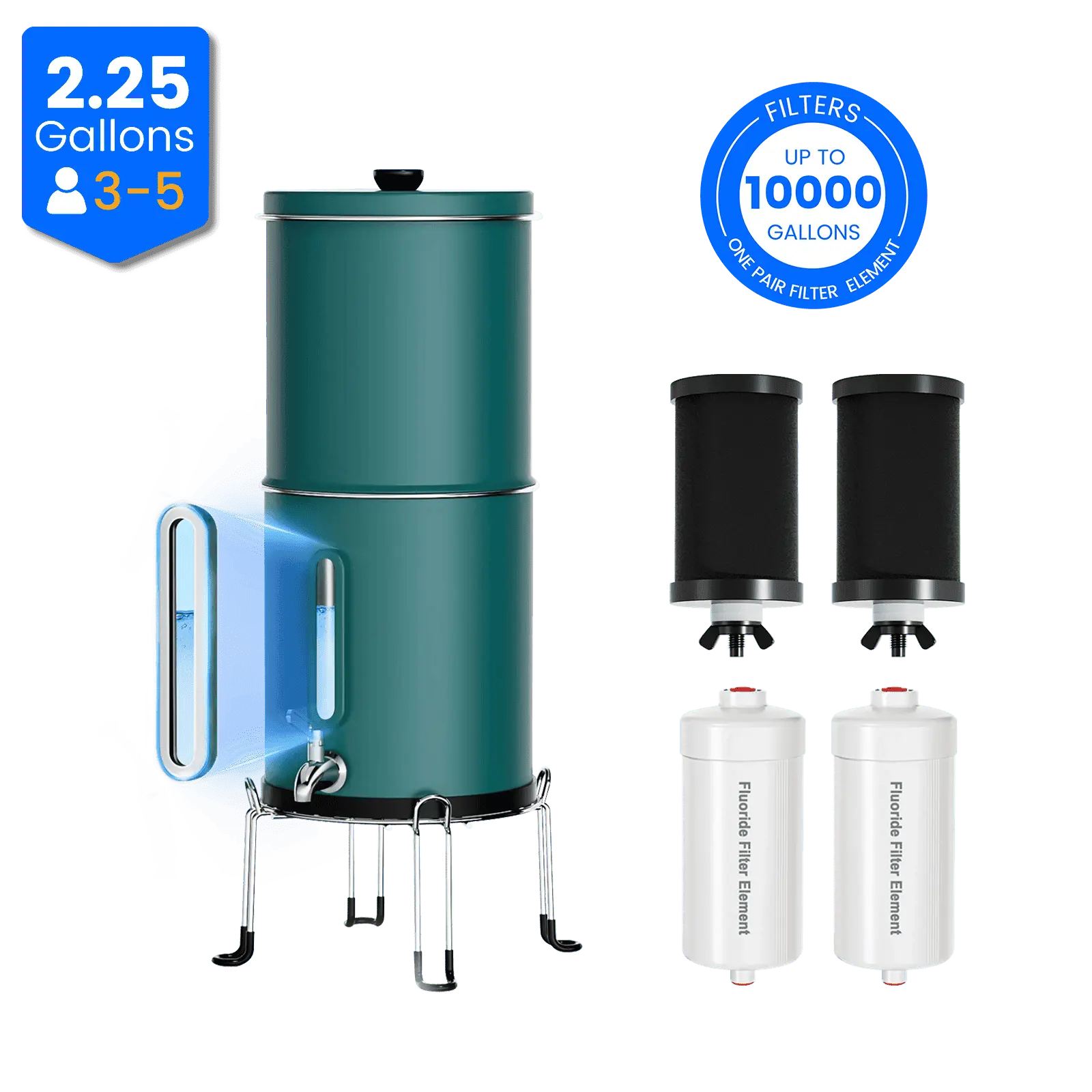 Purewell® – K Series - Multicolor 2.25 Gallons 304 Stainless Steel Gravity-fed Water Filter System with Water Level Window, NSF Certified Purewell