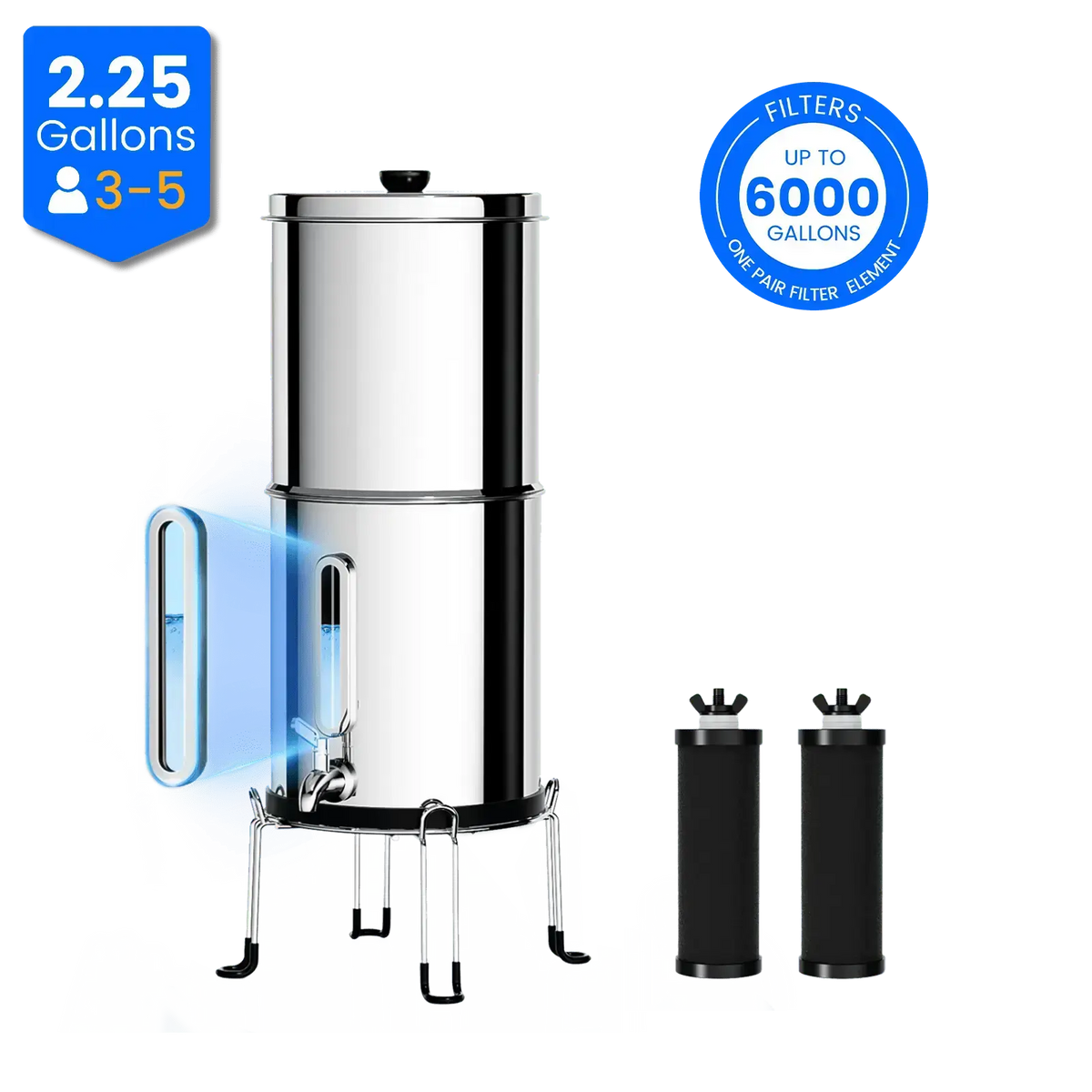 Purewell® – Square Series - 2.25 Gallons 304 Stainless Steel Gravity-fed Water Filter System, NSF Certified Purewell