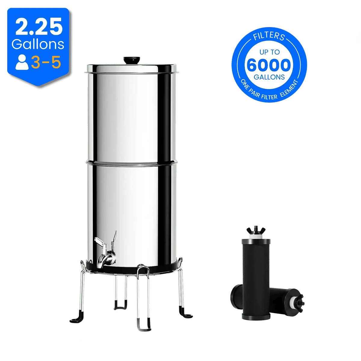 Purewell® – Square Series - 2.25 Gallons 304 Stainless Steel Gravity-fed Water Filter System, NSF Certified Purewell