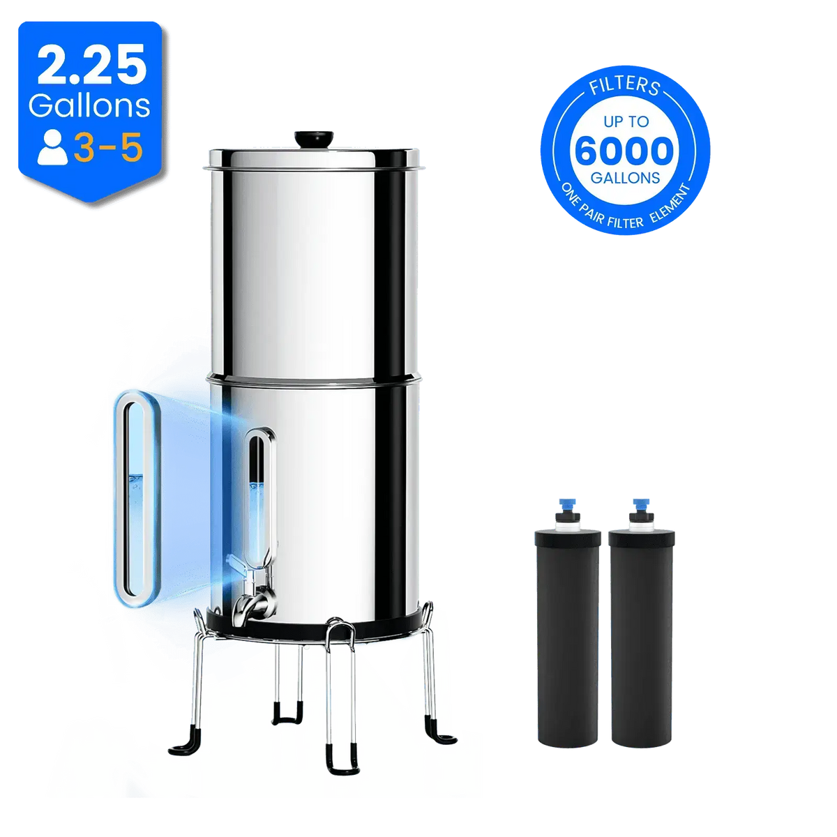 Purewell® – Square Series - 2.25 Gallons 304 Stainless Steel Gravity-fed Water Filter System, NSF Certified Purewell